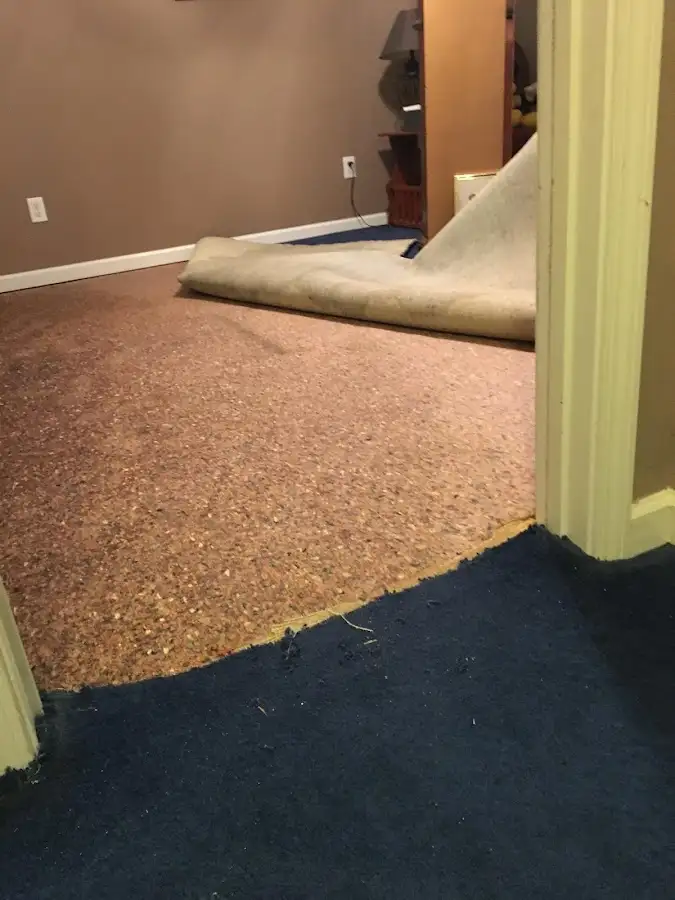 Carpet pad removal revealing water damage during Drying & Dehumidification in East Pasadena